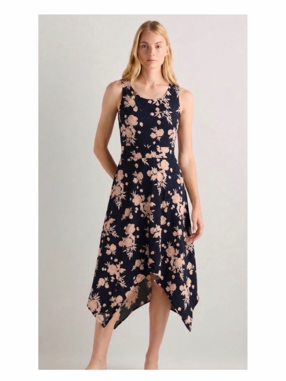 Pact Women’s Black Twilight Floral Fit & Flare Handkerchief Dress Large NWT